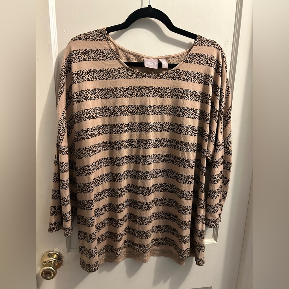 CHICO’S cotton‎ modal top 3/4 length sleeve animal print stripe size 3